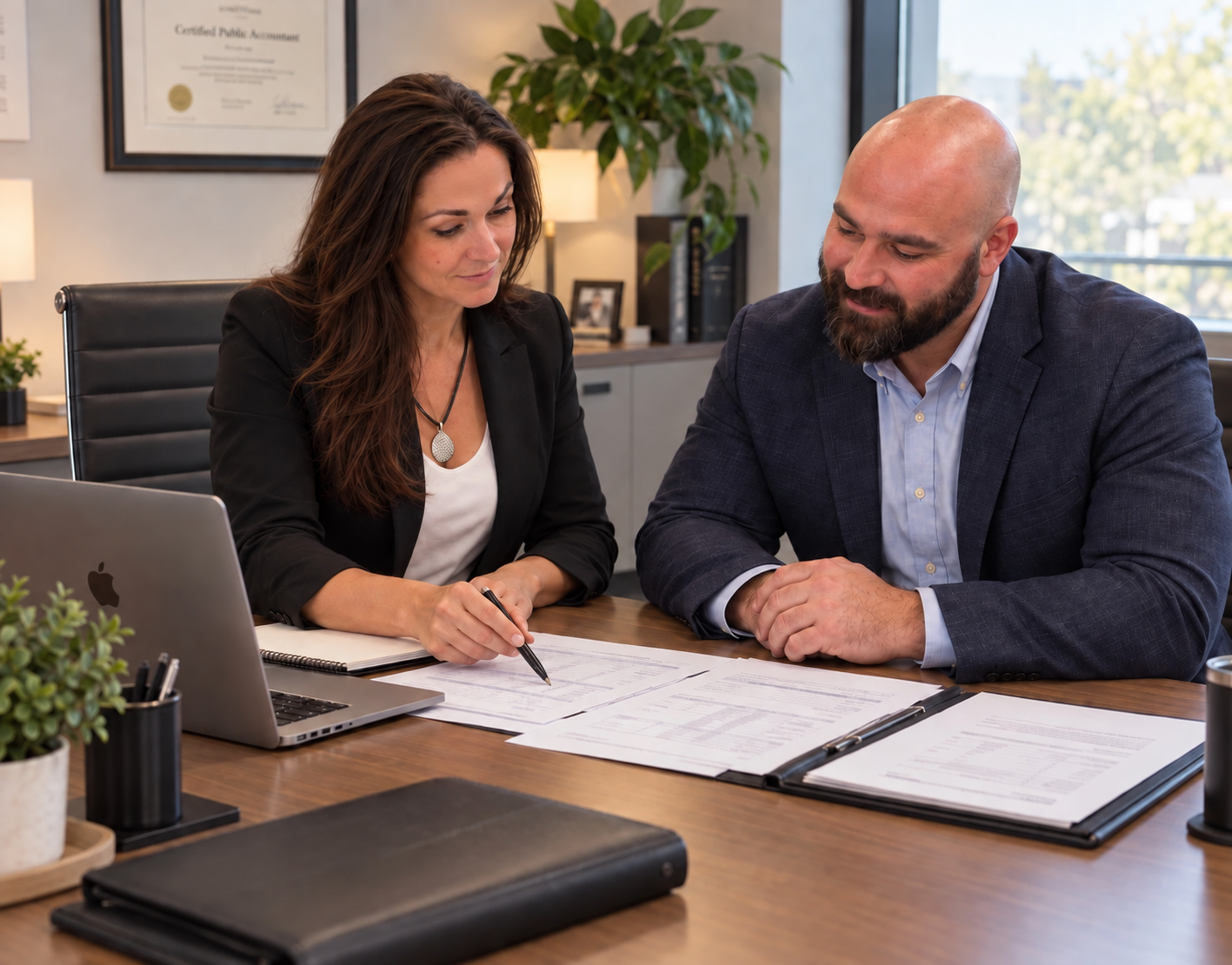 Catherine and a client reviewing paperwork together at an office desk